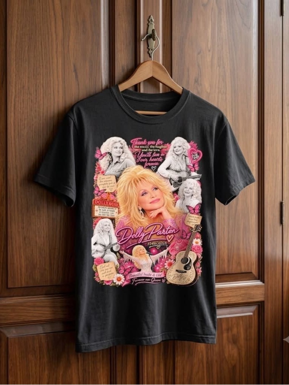 Gildan Black Tee with Pink & Gold Dolly Graphic